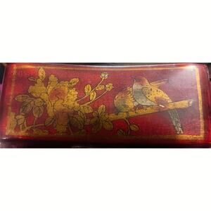 Chinese Lacquered Wood Pillow Box with Flowers and Birds 8” L x 3.5” T x 3”W